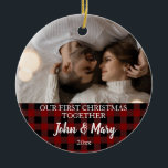 First Christmas together Photo red plaid Keramisch Ornament<br><div class="desc">Personalised with your names! Meerdere opties op: http://www.zazzle.co.uk/designbyredline</div>