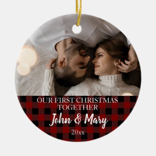 First Christmas together Photo red plaid Keramisch Ornament (Voorkant)