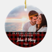 First Christmas together Photo red plaid Keramisch Ornament (Achterkant)