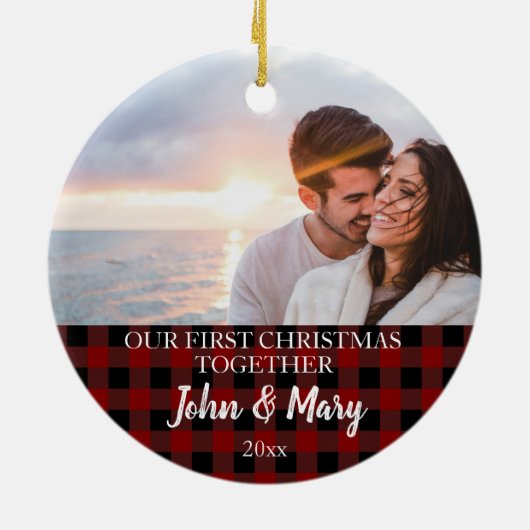 First Christmas together Photo red plaid Keramisch Ornament (Achterkant)