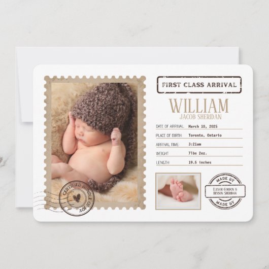 First Class Arrival Baby Announcement Kaart (Voorkant)