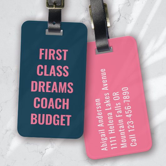 First Class Dreams Blauw Roze Typografie Grappig Bagagelabel