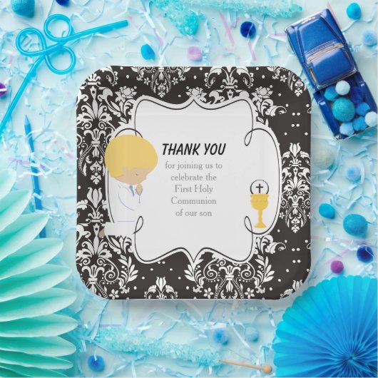 First Communde Boy Black Damask Papieren Bordje (Feest)