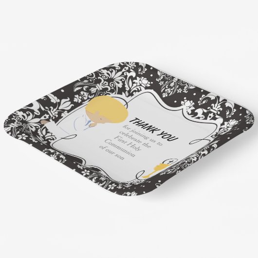 First Communde Boy Black Damask Papieren Bordje (Gebogen)
