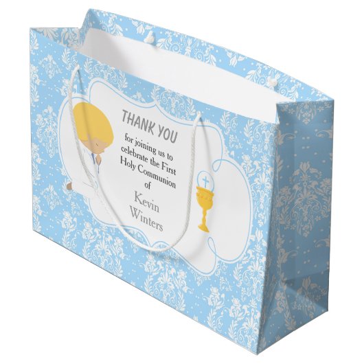 First Communde Boy Blue Damask Groot Cadeauzakje (Achterkant Gekanteld)