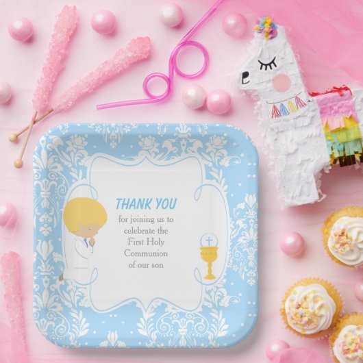 First Communde Boy Blue Damask Papieren Bordje (Feest)