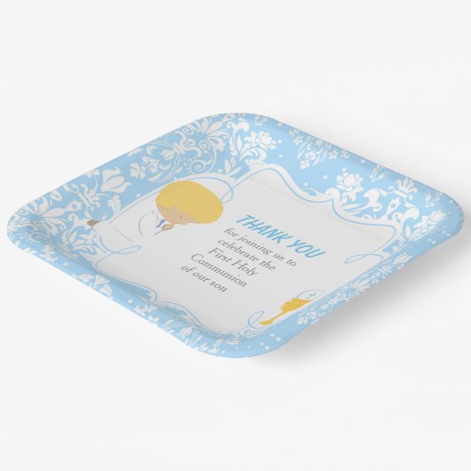 First Communde Boy Blue Damask Papieren Bordje (Gebogen)