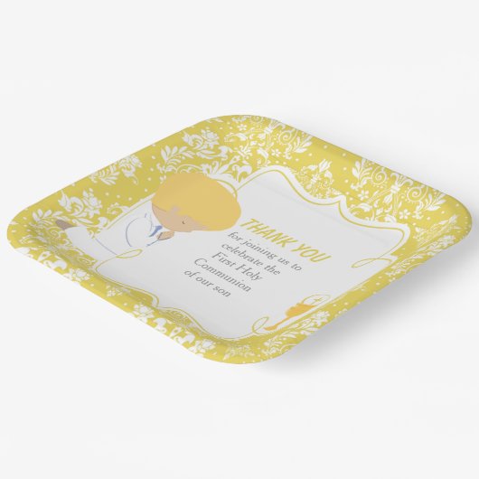 First Communde Boy Gold Damask Papieren Bordje (Gebogen)