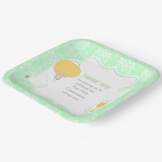 First Communde Boy Green Damask Papieren Bordje (Gebogen)