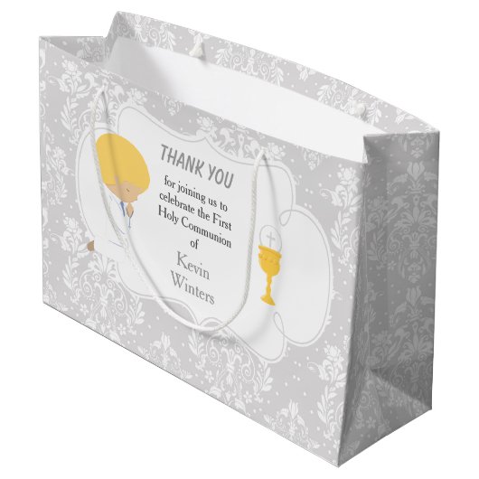 First Communde Boy Silver Damask Groot Cadeauzakje (Achterkant Gekanteld)