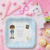 First Commune African American Boy Bedankt Papieren Bordje (Feest)