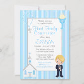 First Commune Blue Stripes Blonde Hair Boy Invit Kaart (Voorkant)