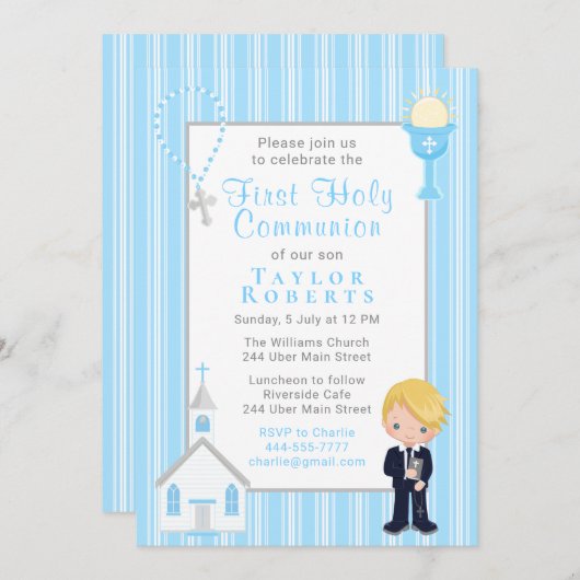 First Commune Blue Stripes Blonde Hair Boy Invit Kaart (Voorkant / Achterkant)