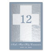 First Commune Cross Dusty Blue Faux Silver Boy Kaart (Voorkant)