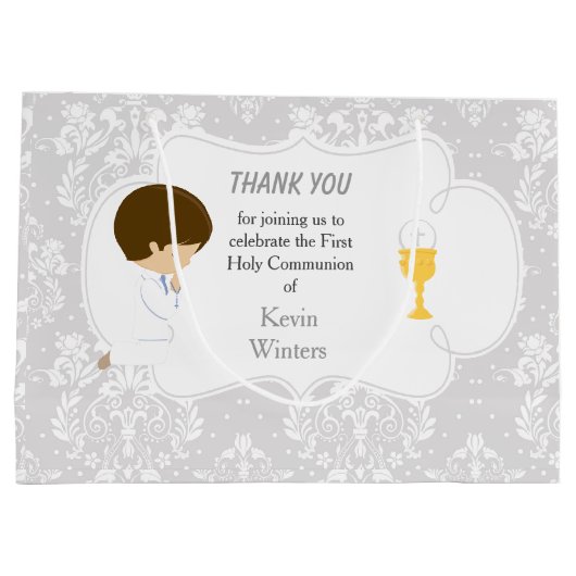 First Communette Brunette Boy Silver Damask Groot Cadeauzakje (Achterkant)