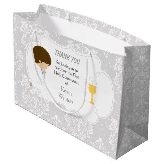 First Communette Brunette Boy Silver Damask Groot Cadeauzakje (Achterkant Gekanteld)