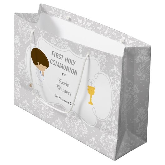 First Communette Brunette Boy Silver Damask Groot Cadeauzakje (Voorkant Gekanteld)