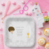First Communette Brunette Boy Silver Damask Papieren Bordje (Feest)