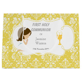 First Communette Brunette Girl Gold Damask Groot Cadeauzakje