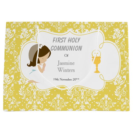First Communette Brunette Girl Gold Damask Groot Cadeauzakje (Voorkant)