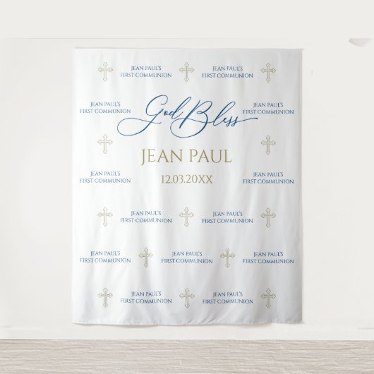 First Communion banner backdrop blue and gold Wandkleed (Voorkant)