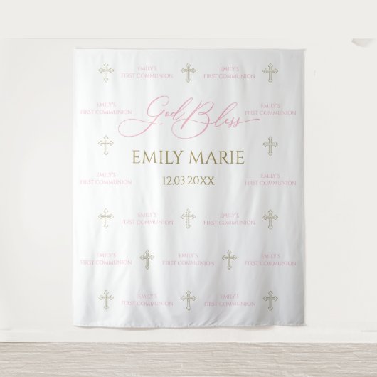 First Communion banner backdrop pink and gold Wandkleed (Voorkant)