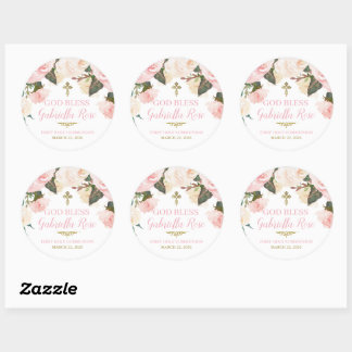 First Communion & Baptism, Pink Floral Gold Ronde Sticker