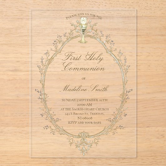 first communion beige frame acryl uitnodigingen (Voorkant)
