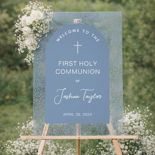 First Communion Blue Arch Floral Pattern Welcome Acryl Bord