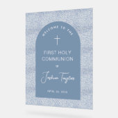 First Communion Blue Arch Floral Pattern Welcome Acryl Bord (Hoek)