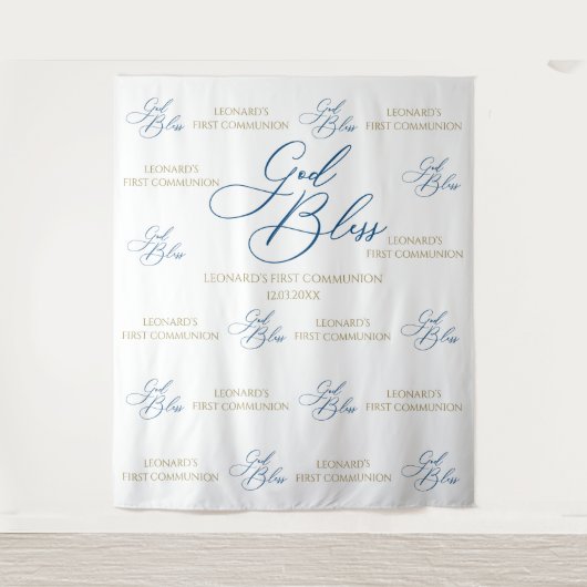 First Communion blue photobooth backdrop Wandkleed (Voorkant)