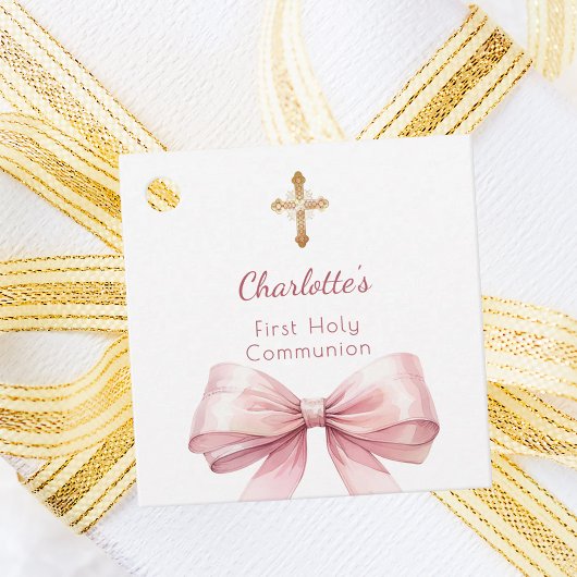 First Communion blush pink bow cross girl DIY Bedankjes Labels