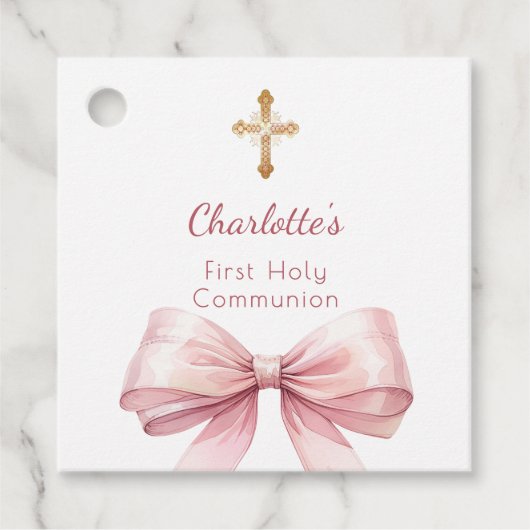 First Communion blush pink bow cross girl DIY Bedankjes Labels (Voorkant)