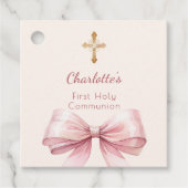 First Communion blush pink bow ivory cross DIY Bedankjes Labels (Voorkant)