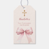 First Communion blush pink bow ivory cross DIY Cadeaulabel (Voorkant)