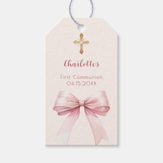 First Communion blush pink bow ivory cross DIY Cadeaulabel (Voorkant)