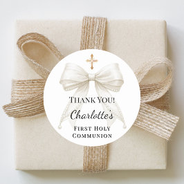 First Communion bow ivory pearls cross thank you Ronde Sticker