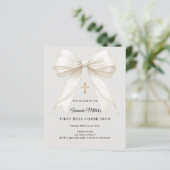 First Communion bow ivory pearls gray invitation (Staand voorkant)
