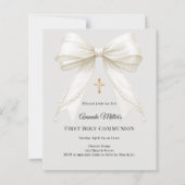 First Communion bow ivory pearls gray invitation (Voorkant)