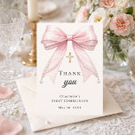 First Communion bow pink ivory pearls gold cross Bedankkaart<br><div class="desc">A modern and elegant First Communion thank you card.  A soft ivory,  cream colored background,  decorated with a large pink colored bow with pearls and a golden cross.  On the front the text: Thank You,  name,  and a date. 
Back: Template for Your thank you note and name.</div>