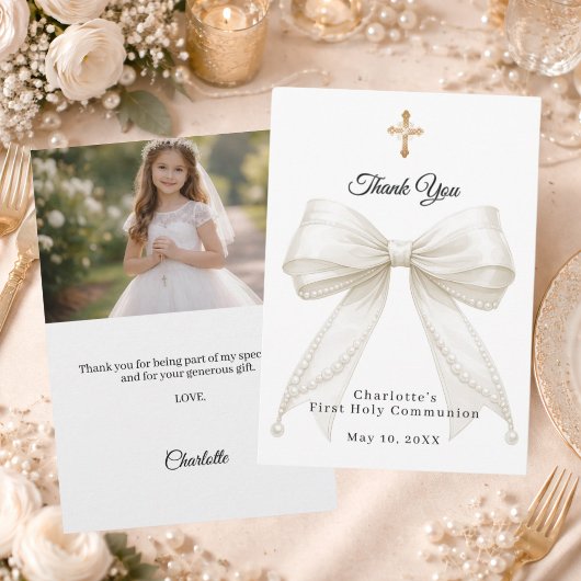 First Communion bow white ivory pearls photo Bedankkaart