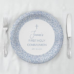First Communion Boy Blue and White Floral Pattern Papieren Bordje<br><div class="desc">A blue and white design, recommended for boy's first communion, with the text in a circle, on a vintage blue floral pattern on white background. The name is written in script. The text is blue, inside the white circle, with a blue cross above it. The background is a vintage, 19th...</div>