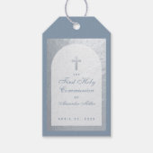 First Communion Boy Dusty Blue Faux Silver Arch Cadeaulabel (Voorkant)