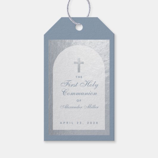 First Communion Boy Dusty Blue Faux Silver Arch Cadeaulabel (Voorkant)