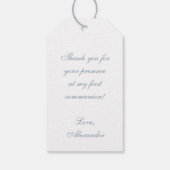 First Communion Boy Dusty Blue Faux Silver Arch Cadeaulabel (Achterkant)