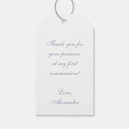 First Communion Boy Dusty Blue Faux Silver Arch Cadeaulabel (Achterkant)