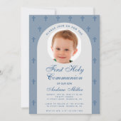 First Communion Boy Foto Dusty Blue Arch Modern Kaart (Voorkant)