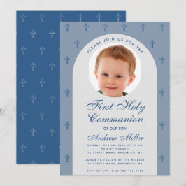 First Communion Boy Foto Dusty Blue Arch Modern Kaart