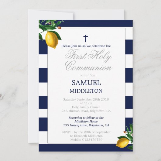 First Communion Boy Navy Lemons Silver Religious Kaart (Voorkant)