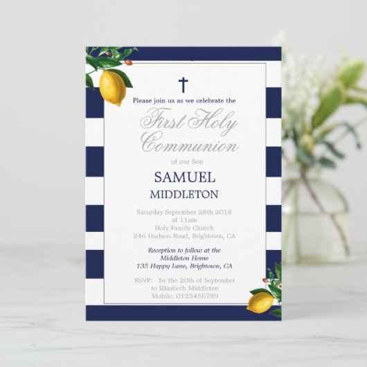 First Communion Boy Navy Lemons Silver Religious Kaart (Staand voorkant)